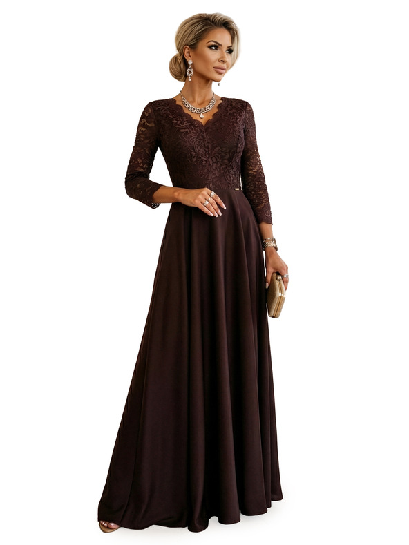numoco AMBER Elegantes langes Spitzenkleid mit Ausschnitt - Schokolade