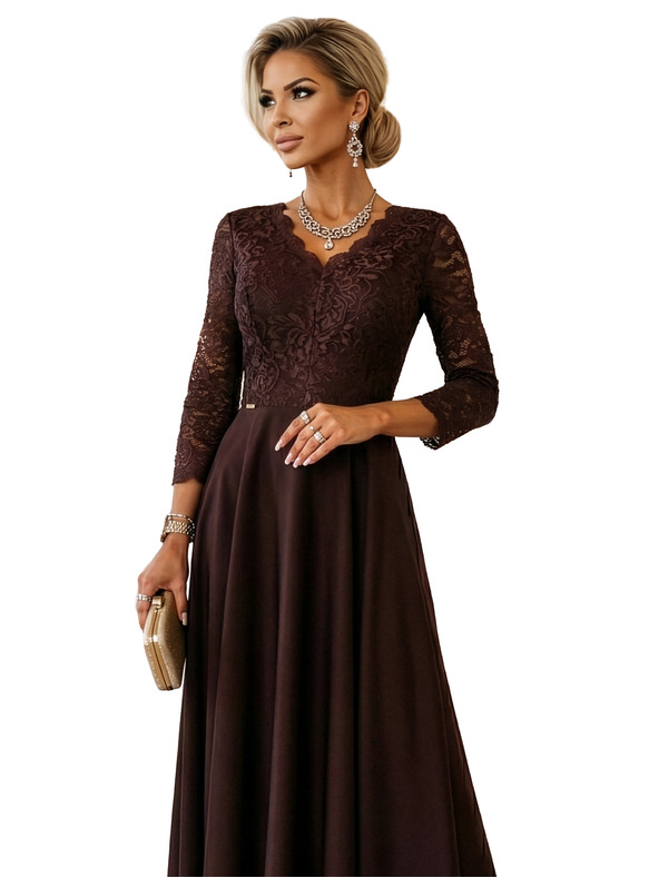numoco AMBER Elegantes langes Spitzenkleid mit Ausschnitt - Schokolade