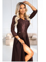 numoco AMBER Elegantes langes Spitzenkleid mit Ausschnitt - Schokolade