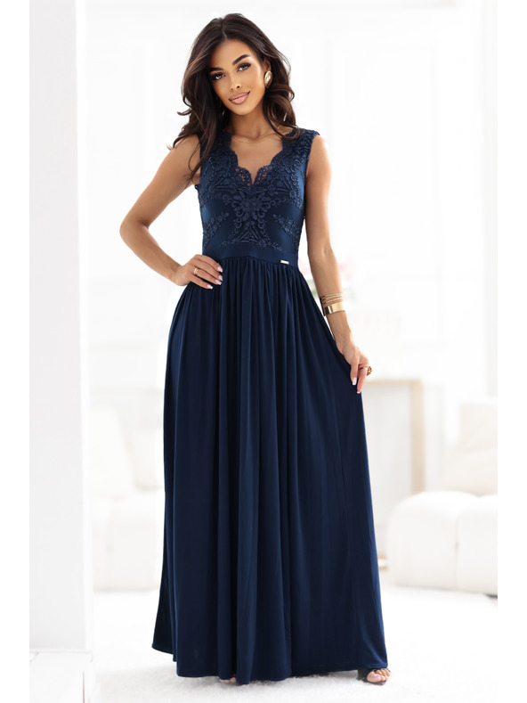 numoco LEA Langes elegantes Maxikleid mit Spitzentop und Beinschlitz - Dunkelblau