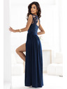 numoco LEA Langes elegantes Maxikleid mit Spitzentop und Beinschlitz - Dunkelblau