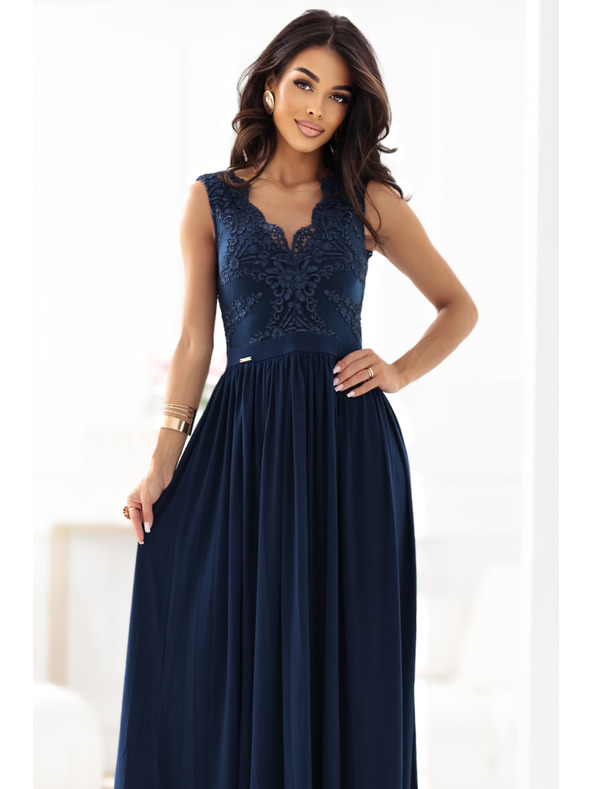 numoco LEA Langes elegantes Maxikleid mit Spitzentop und Beinschlitz - Dunkelblau