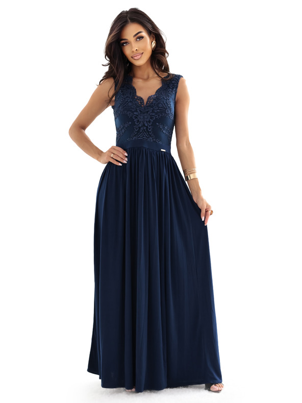 numoco LEA Langes elegantes Maxikleid mit Spitzentop und Beinschlitz - Dunkelblau