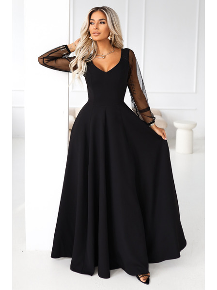 numoco LORETTA Einzigartiges langes Kleid mit Tüllärmeln und Ausschnitt - Schwarz