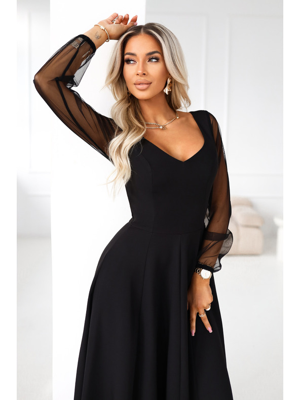 numoco LORETTA Einzigartiges langes Kleid mit Tüllärmeln und Ausschnitt - Schwarz