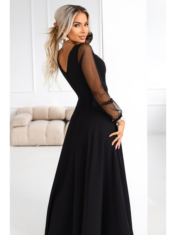 numoco LORETTA Einzigartiges langes Kleid mit Tüllärmeln und Ausschnitt - Schwarz