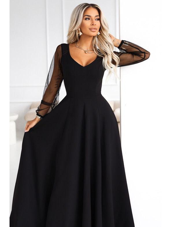 numoco LORETTA Einzigartiges langes Kleid mit Tüllärmeln und Ausschnitt - Schwarz