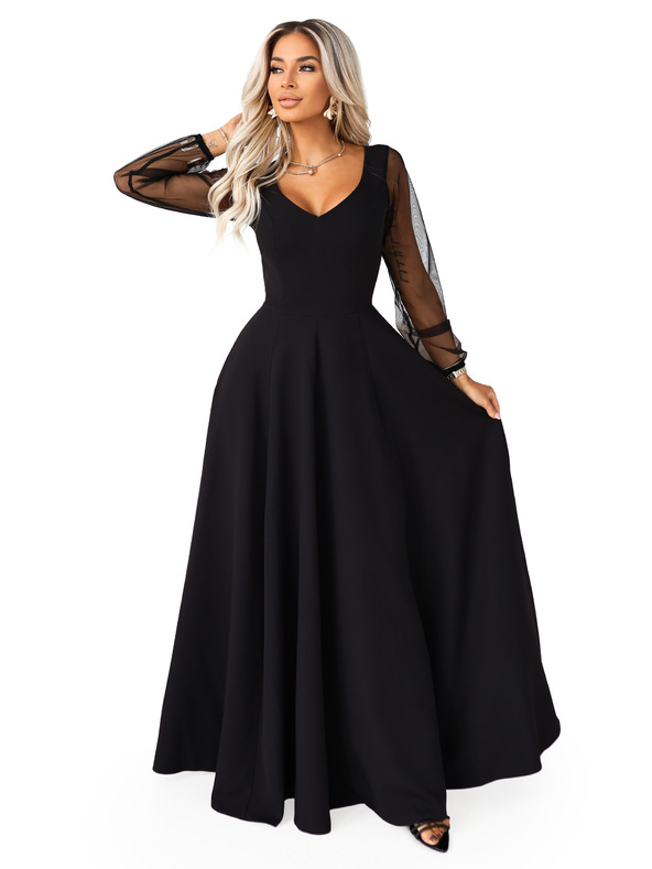 numoco LORETTA Einzigartiges langes Kleid mit Tüllärmeln und Ausschnitt - Schwarz