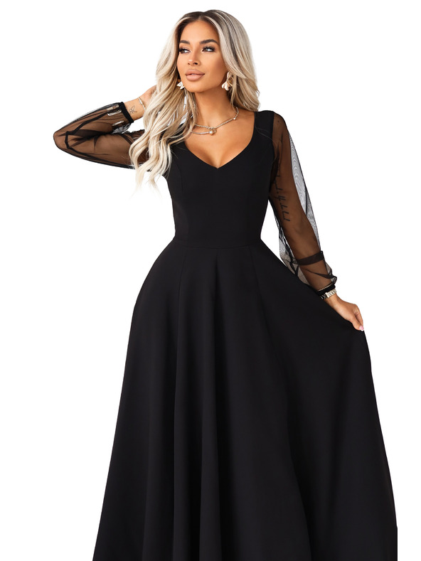 numoco LORETTA Einzigartiges langes Kleid mit Tüllärmeln und Ausschnitt - Schwarz