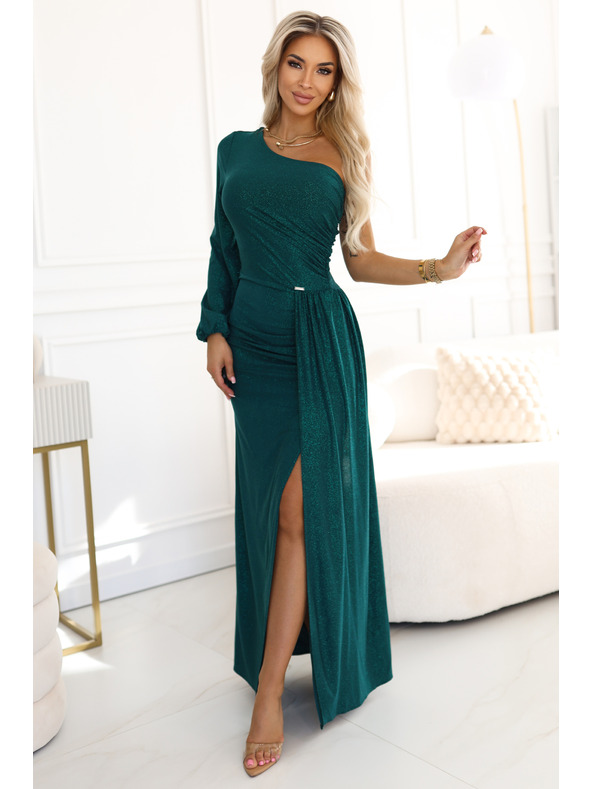 numoco Glitzerndes One-Shoulder-Maxikleid mit asymmetrischen Ärmeln und Schlitz - Flaschengrün