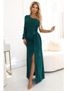 numoco Glitzerndes One-Shoulder-Maxikleid mit asymmetrischen Ärmeln und Schlitz - Flaschengrün