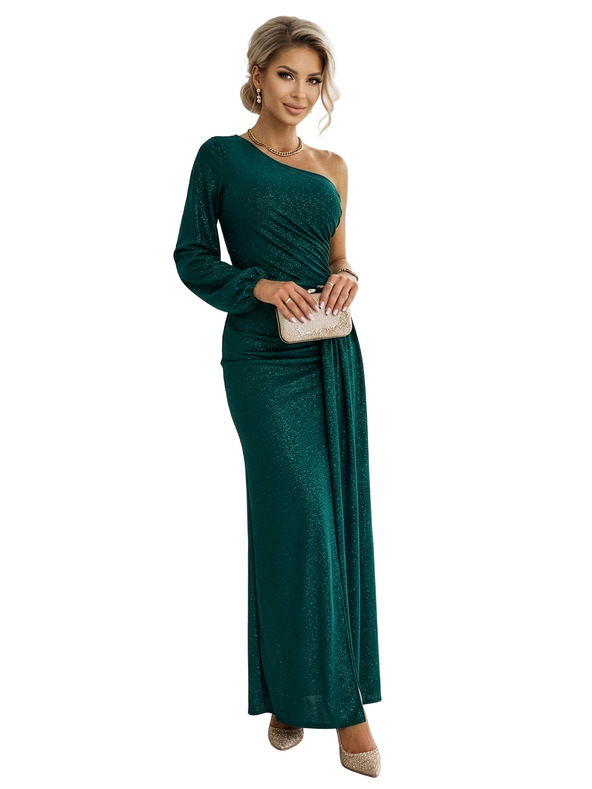 numoco Glitzerndes One-Shoulder-Maxikleid mit asymmetrischen Ärmeln und Schlitz - Flaschengrün