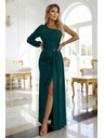 numoco Glitzerndes One-Shoulder-Maxikleid mit asymmetrischen Ärmeln und Schlitz - Flaschengrün