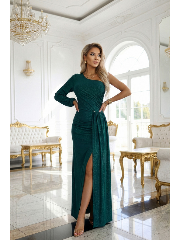 numoco Glitzerndes One-Shoulder-Maxikleid mit asymmetrischen Ärmeln und Schlitz - Flaschengrün