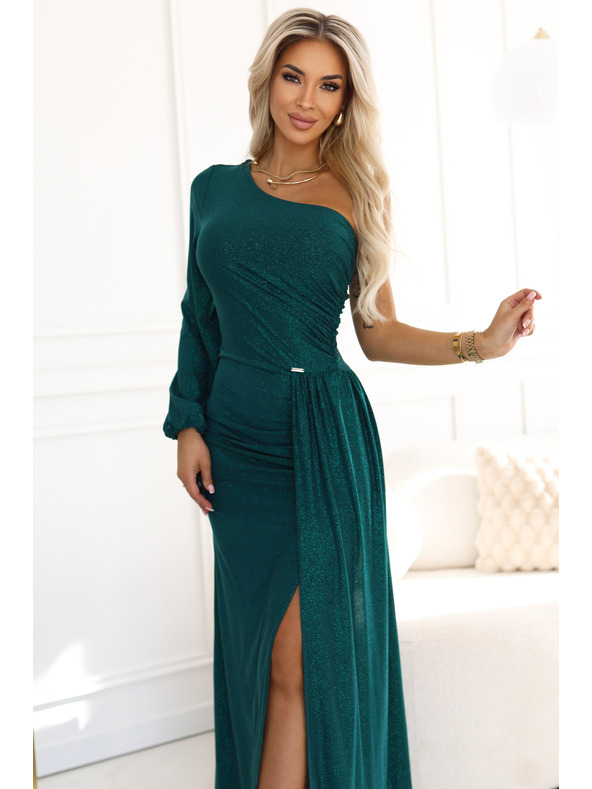 numoco Glitzerndes One-Shoulder-Maxikleid mit asymmetrischen Ärmeln und Schlitz - Flaschengrün