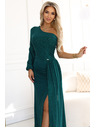 numoco Glitzerndes One-Shoulder-Maxikleid mit asymmetrischen Ärmeln und Schlitz - Flaschengrün