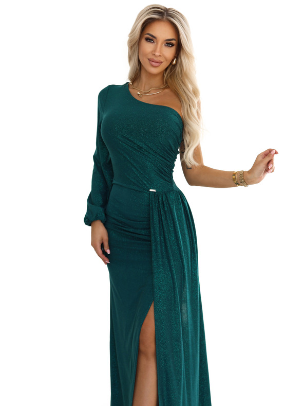 numoco Glitzerndes One-Shoulder-Maxikleid mit asymmetrischen Ärmeln und Schlitz - Flaschengrün