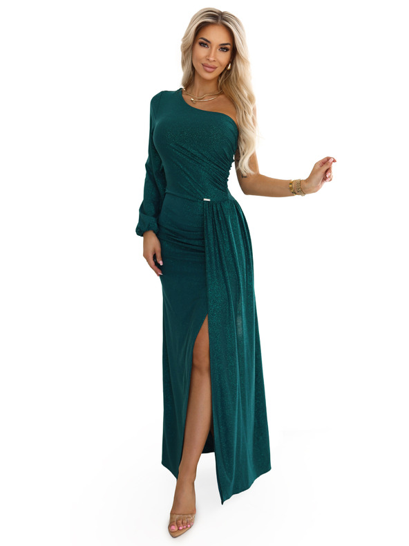 numoco Glitzerndes One-Shoulder-Maxikleid mit asymmetrischen Ärmeln und Schlitz - Flaschengrün