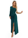 numoco Glitzerndes One-Shoulder-Maxikleid mit asymmetrischen Ärmeln und Schlitz - Flaschengrün