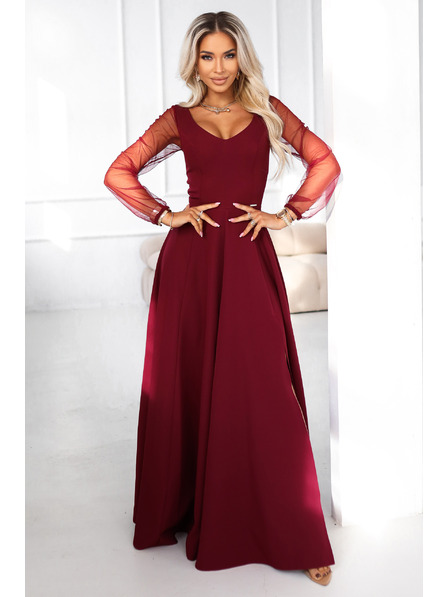numoco LORETTA einzigartiges langes Kleid mit Tüllärmel und Ausschnitt - Weinrot
