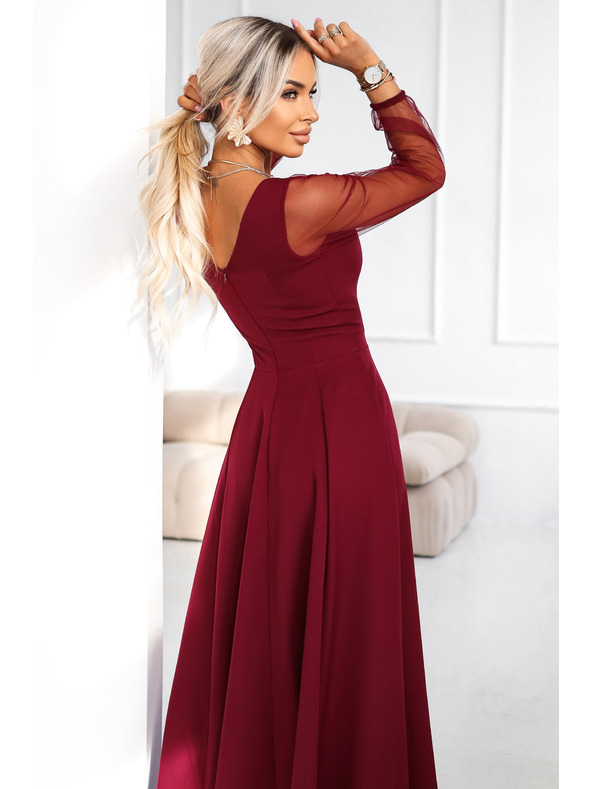 numoco LORETTA einzigartiges langes Kleid mit Tüllärmel und Ausschnitt - Weinrot