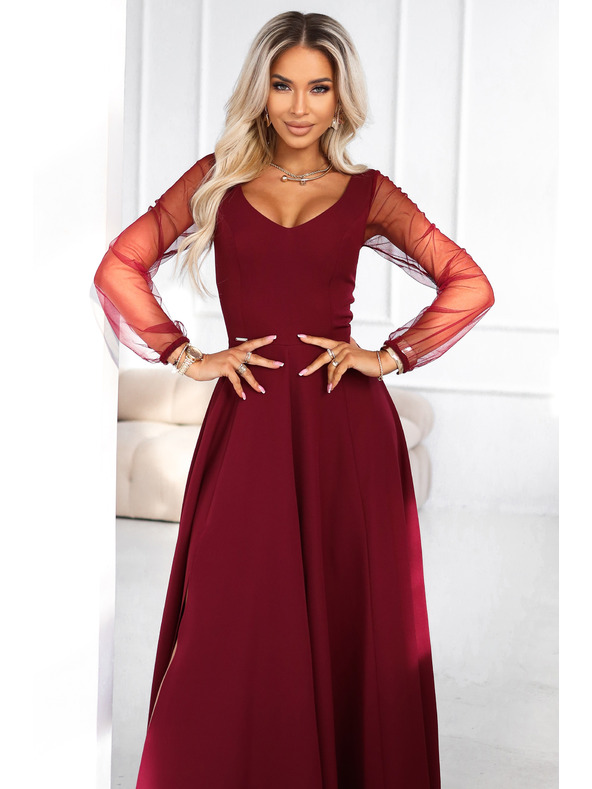 numoco LORETTA einzigartiges langes Kleid mit Tüllärmel und Ausschnitt - Weinrot