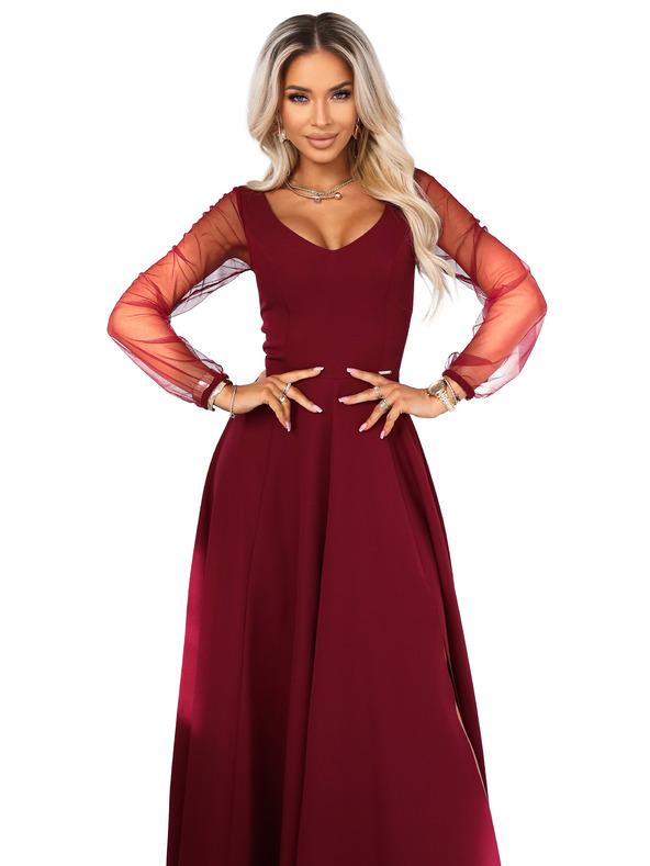 numoco LORETTA einzigartiges langes Kleid mit Tüllärmel und Ausschnitt - Weinrot