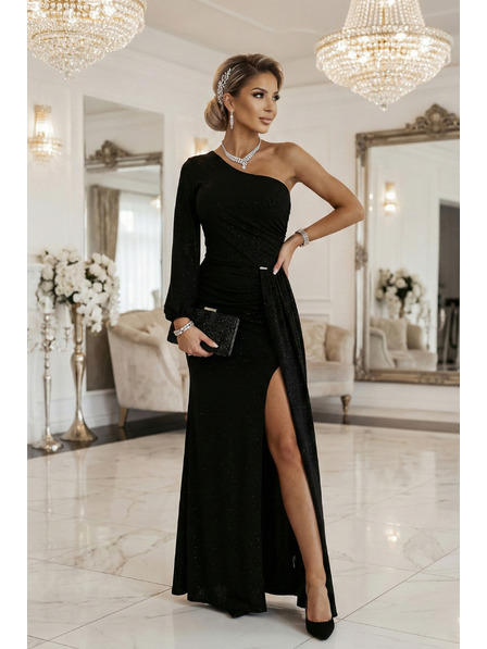 numoco Glitzerndes One-Shoulder-Maxikleid mit asymmetrischen Ärmeln und Schlitz - Schwarz