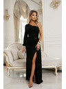 numoco Glitzerndes One-Shoulder-Maxikleid mit asymmetrischen Ärmeln und Schlitz - Schwarz