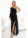 numoco Glitzerndes One-Shoulder-Maxikleid mit asymmetrischen Ärmeln und Schlitz - Schwarz