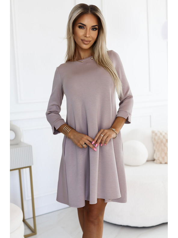 numoco Klassisches Trapezkleid mit schwarzem Gürtel - Beige