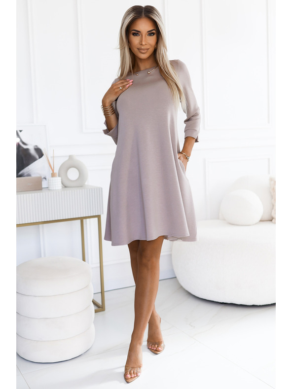 numoco Klassisches Trapezkleid mit schwarzem Gürtel - Beige