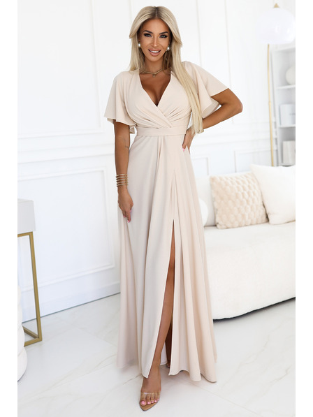 numoco JENNIFER langes Kleid mit Beinschlitz, Ärmeln und Ausschnitt - Beige