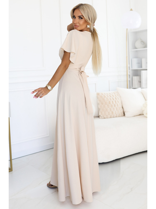 numoco JENNIFER langes Kleid mit Beinschlitz, Ärmeln und Ausschnitt - Beige