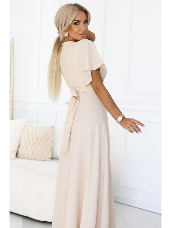 numoco JENNIFER langes Kleid mit Beinschlitz, Ärmeln und Ausschnitt - Beige