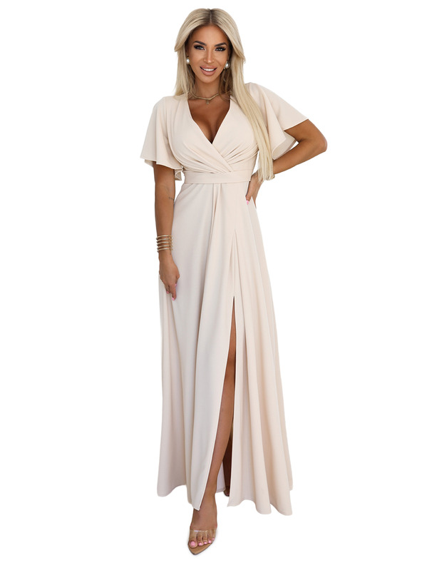 numoco JENNIFER langes Kleid mit Beinschlitz, Ärmeln und Ausschnitt - Beige