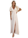 numoco JENNIFER langes Kleid mit Beinschlitz, Ärmeln und Ausschnitt - Beige