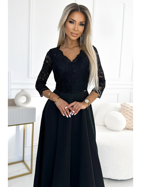 numoco AMBER Spitzenkleid, elegant lang mit Ausschnitt und Beinschlitz - Schwarz