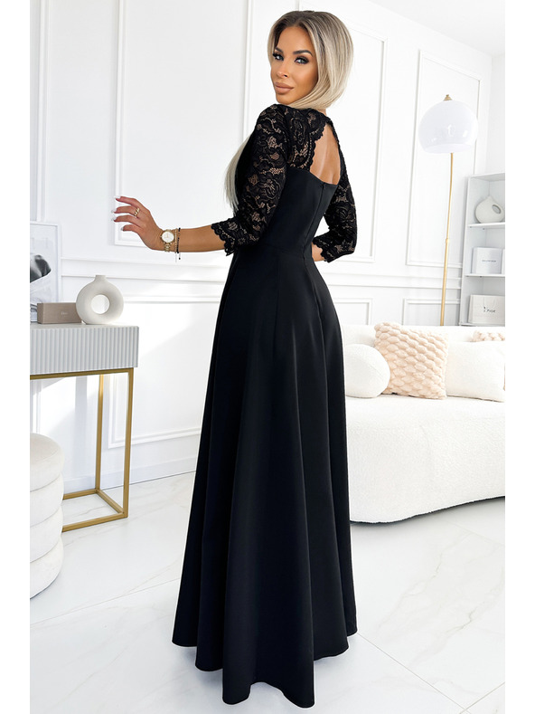 numoco AMBER Spitzenkleid, elegant lang mit Ausschnitt und Beinschlitz - Schwarz