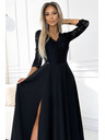numoco AMBER Spitzenkleid, elegant lang mit Ausschnitt und Beinschlitz - Schwarz