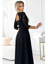 numoco AMBER Spitzenkleid, elegant lang mit Ausschnitt und Beinschlitz - Schwarz