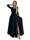 numoco AMBER Spitzenkleid, elegant lang mit Ausschnitt und Beinschlitz - Schwarz