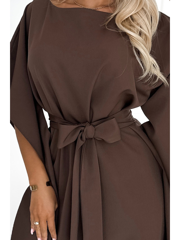 numoco SOFIA Schmetterlings-Kleid mit Taillenbindung - schokoladenbraun