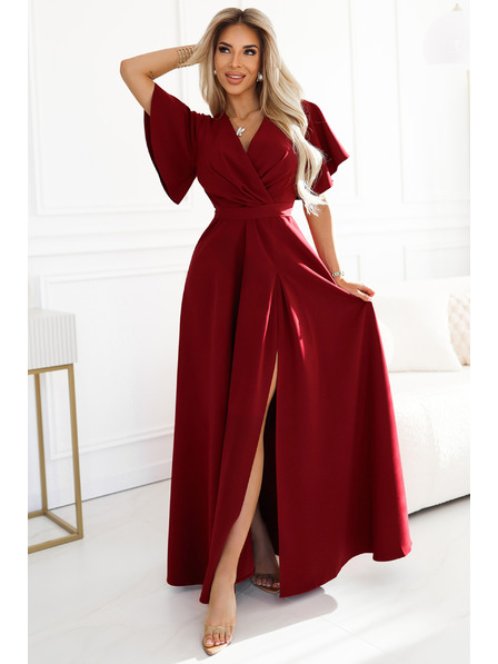 numoco JENNIFER Langes Kleid mit Beinschlitz, Ärmeln und Ausschnitt - weinrot