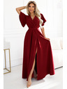 numoco JENNIFER Langes Kleid mit Beinschlitz, Ärmeln und Ausschnitt - weinrot