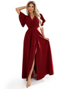 numoco JENNIFER Langes Kleid mit Beinschlitz, Ärmeln und Ausschnitt - weinrot