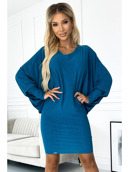 numoco Fledermauskleid mit Ausschnitt - meeresblau mit Glitzer