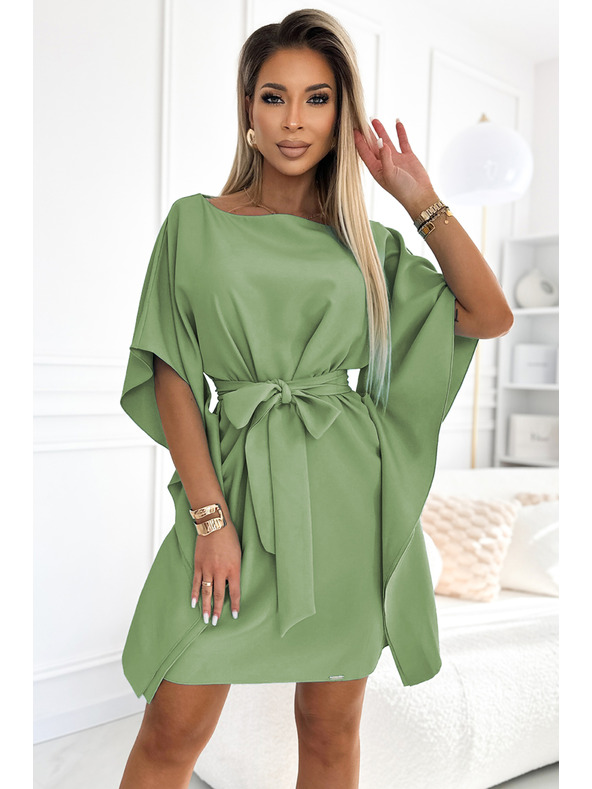 numoco SOFIA Schmetterlings-Kleid mit Taillenbindung - olivgrün