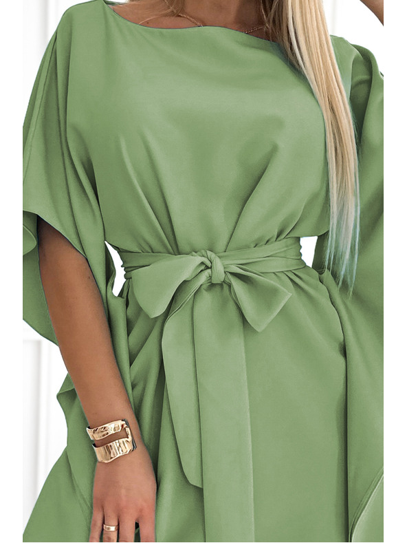 numoco SOFIA Schmetterlings-Kleid mit Taillenbindung - olivgrün