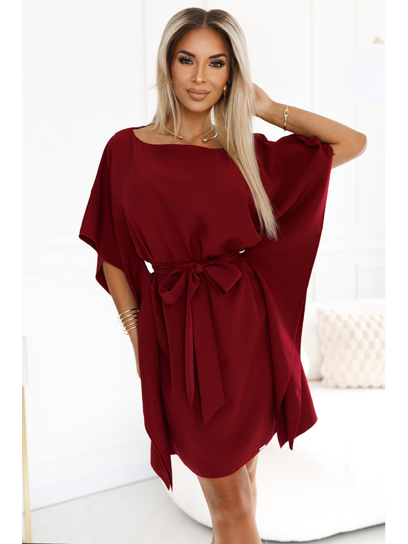 numoco SOFIA Schmetterlings-Kleid mit Taillenbindung - weinrot